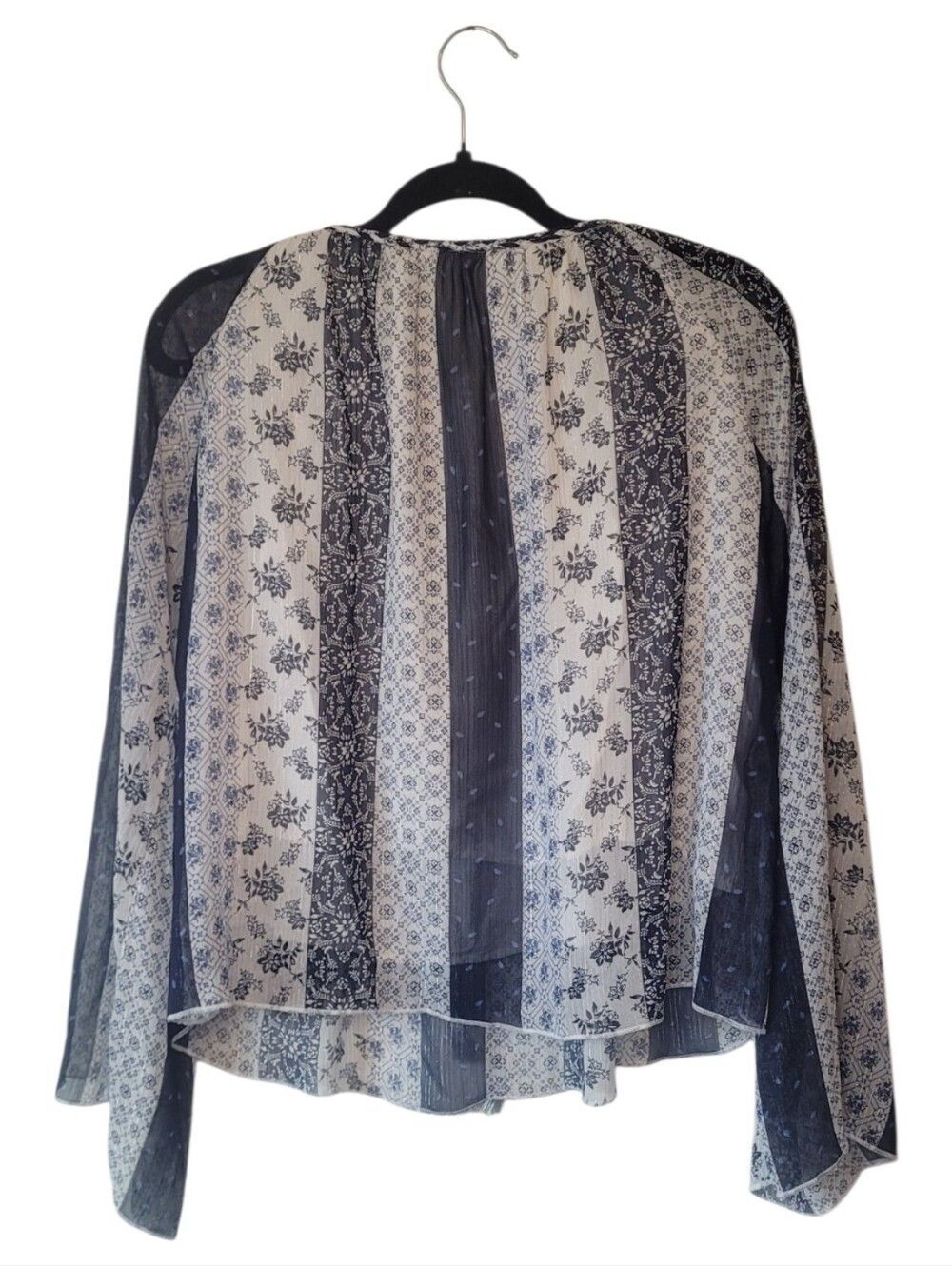 Sadie & Sage Boho Tie-Front Peasant Blouse in Navy and Cream Size M - Picture 2 of 6